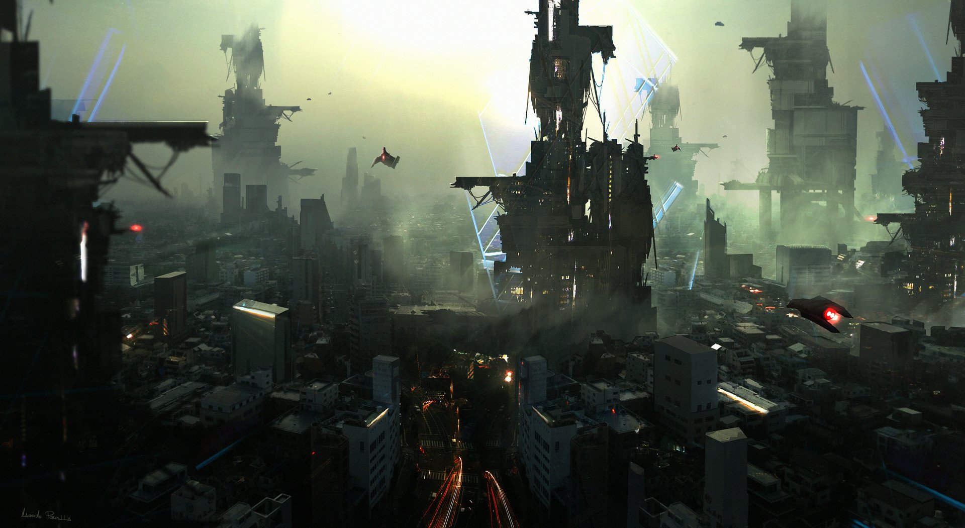 Futuristic sci-fi cityscape with towering skyscrapers and glowing lights, captured in high-definition as a dynamic PC desktop wallpaper and background.