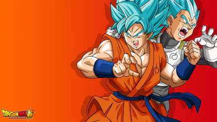 HD desktop wallpaper featuring Super Saiyan Blue Goku and Vegeta from Dragon Ball Super, set against an orange background. Both characters display intense expressions, showcasing their powerful forms.