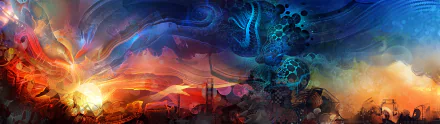 Fantasy-themed artistic HD desktop wallpaper blending vibrant sunset hues with intricate, surreal patterns and abstract forms in a dynamic, immersive composition.