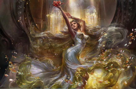 Fantasy-themed HD PC desktop wallpaper featuring a woman in a flowing gown surrounded by glowing, ethereal light in a grand, cathedral-like setting.