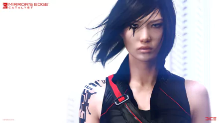 HD PC desktop wallpaper featuring Faith, the protagonist from the video game Mirror's Edge Catalyst, with a white background and the game logo in the corner.