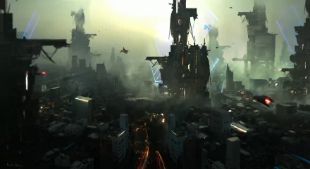 Futuristic sci-fi cityscape with towering skyscrapers and glowing lights, captured in high-definition as a dynamic PC desktop wallpaper and background.