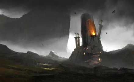Dark fantasy landscape HD PC desktop wallpaper: a ruined tower built around a colossal sword, glowing forge fire, rocky plains under a stormy sky.