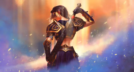 A fierce female warrior, Hanna the Inquisitor, stands with a sword, dressed in ornate armor, set against a vibrant, dramatic background from the video game Juggernaut Wars.
