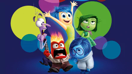 HD PC desktop wallpaper featuring colorful characters from the movie Inside Out against a backdrop of vibrant overlapping circles.