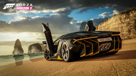 HD desktop wallpaper featuring a Lamborghini Centenario on a beach setting from the video game Forza Horizon 3, showcasing bright visuals with the car's doors open against a stunning seascape backdrop.