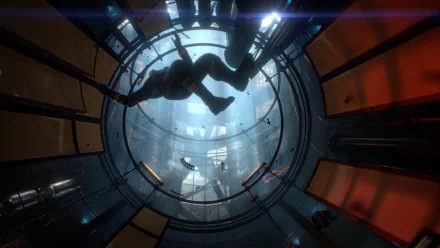 HD PC desktop wallpaper from the video game Prey, showing a low-angle view of a character floating inside a circular, futuristic space station corridor.