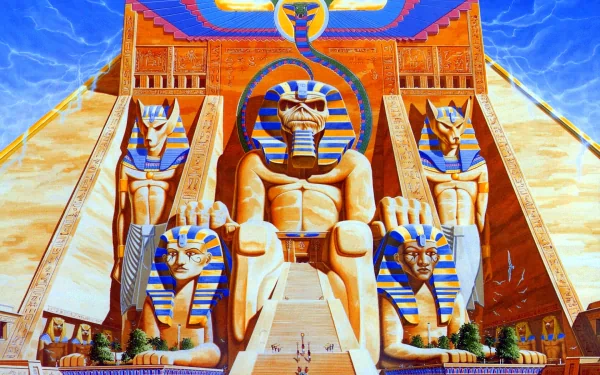 A vibrant HD desktop wallpaper featuring the iconic imagery from Iron Maiden's Powerslave, showcasing grand Egyptian architecture and monumental statues.