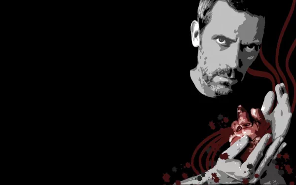 HD PC desktop wallpaper from a TV show: intense medical-drama doctor holds a stylized bleeding heart against a stark black background.