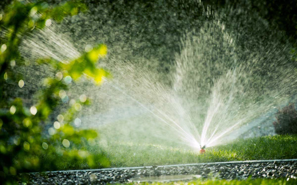 A vibrant garden scene captured in 4K Ultra HD, featuring water spraying from a sprinkler, creating a fresh and dynamic atmosphere for a PC desktop wallpaper.