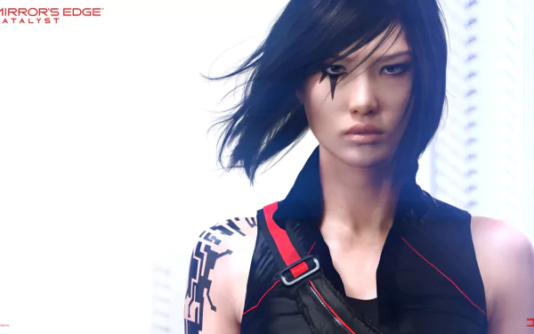 HD PC desktop wallpaper featuring Faith, the protagonist from the video game Mirror's Edge Catalyst, with a white background and the game logo in the corner.