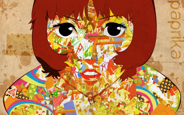 A vibrant HD wallpaper featuring the character Paprika from the anime film Paprika. The design showcases a colorful mosaic of various images within her silhouette.