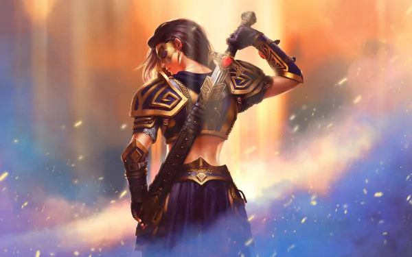 A fierce female warrior, Hanna the Inquisitor, stands with a sword, dressed in ornate armor, set against a vibrant, dramatic background from the video game Juggernaut Wars.