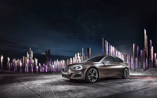 BMW 3 Series car vehicle on a concrete rooftop with a neon-lit city skyline at night — 4K Ultra HD PC desktop wallpaper and background.