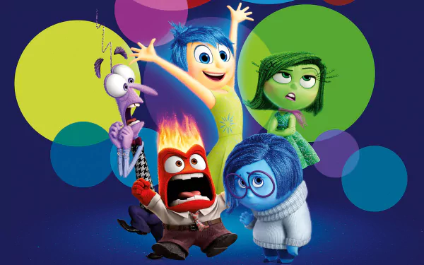 HD PC desktop wallpaper featuring colorful characters from the movie Inside Out against a backdrop of vibrant overlapping circles.