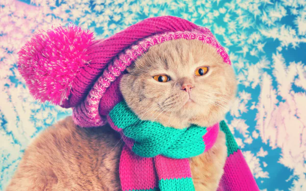 4K Ultra HD PC desktop background of a cream cat wearing a pink knit hat and turquoise-and-pink scarf against a snowy blue backdrop.