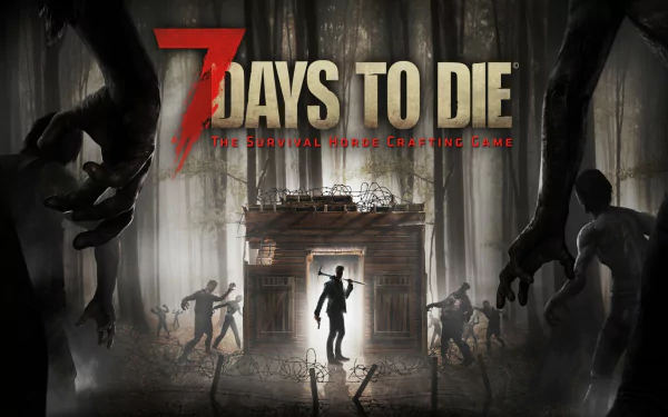 HD PC desktop wallpaper featuring eerie forest scenes and silhouetted zombies from the video game 7 Days To Die, highlighting its survival horror theme.