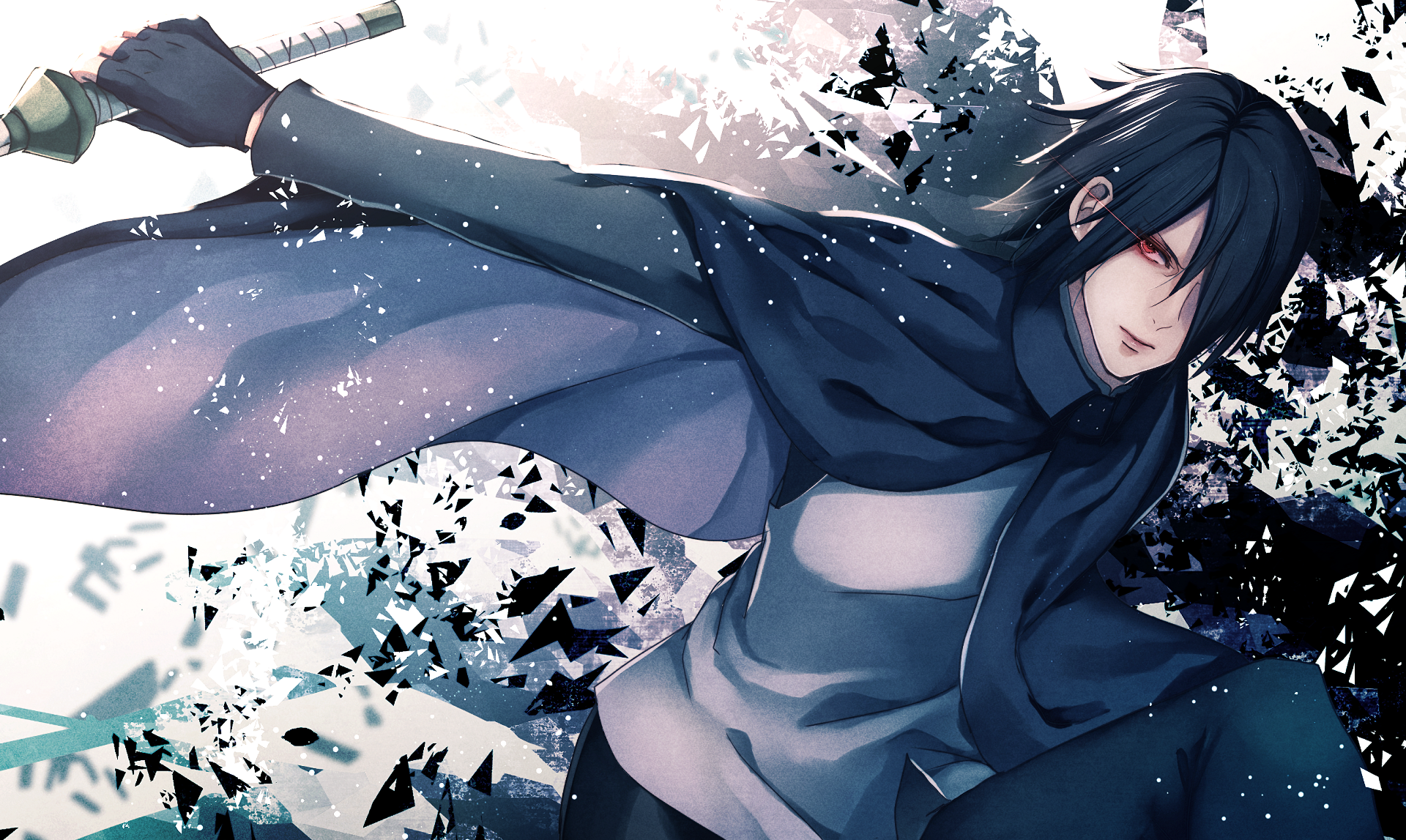 HD desktop wallpaper featuring Sasuke Uchiha from the anime series Naruto and Boruto, displaying a dynamic action pose with a shattered background effect.