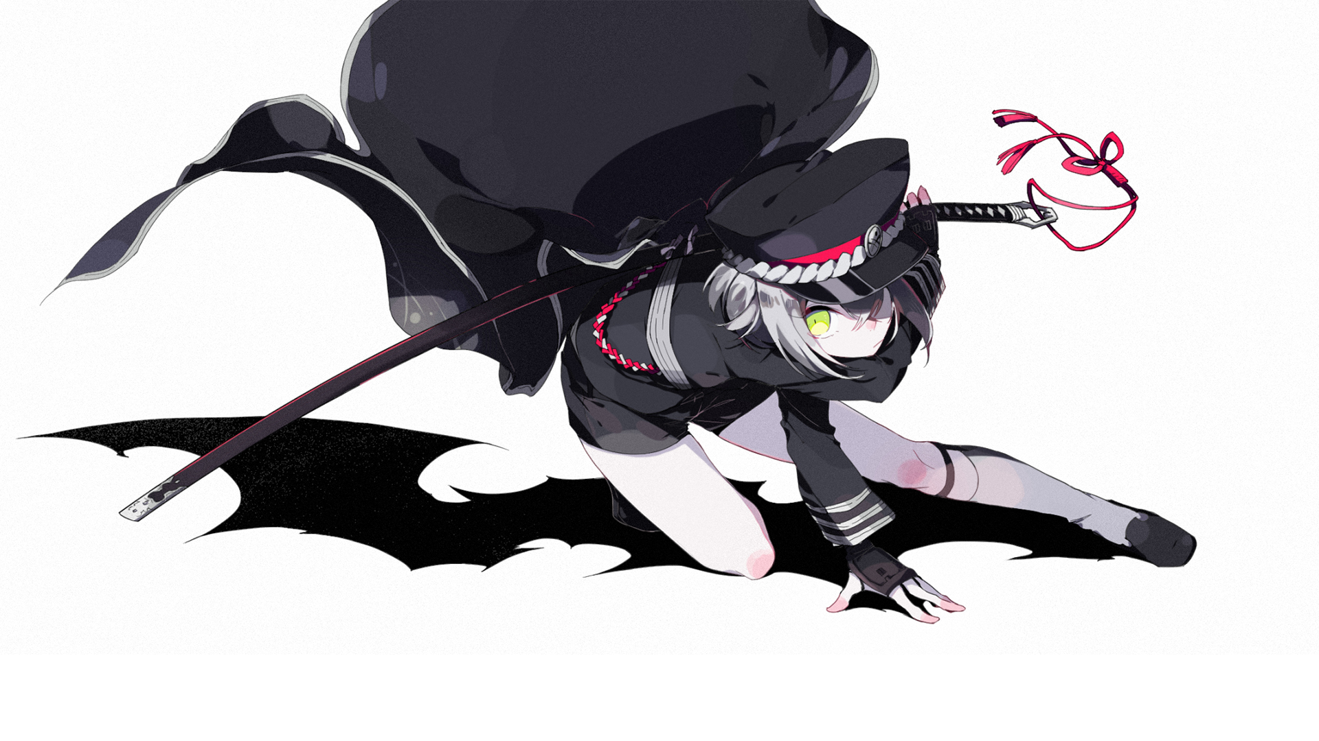 HD PC desktop wallpaper featuring Hotarumaru from the video game Touken Ranbu in a dynamic pose with dark clothing and a sheathed sword.