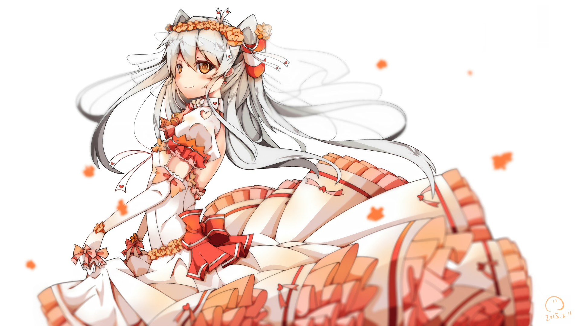 A character from Kantai Collection, Amatsukaze, wears a detailed dress adorned with flowers and bows, showcasing long white hair, brown eyes, and a gentle smile amidst falling petals.