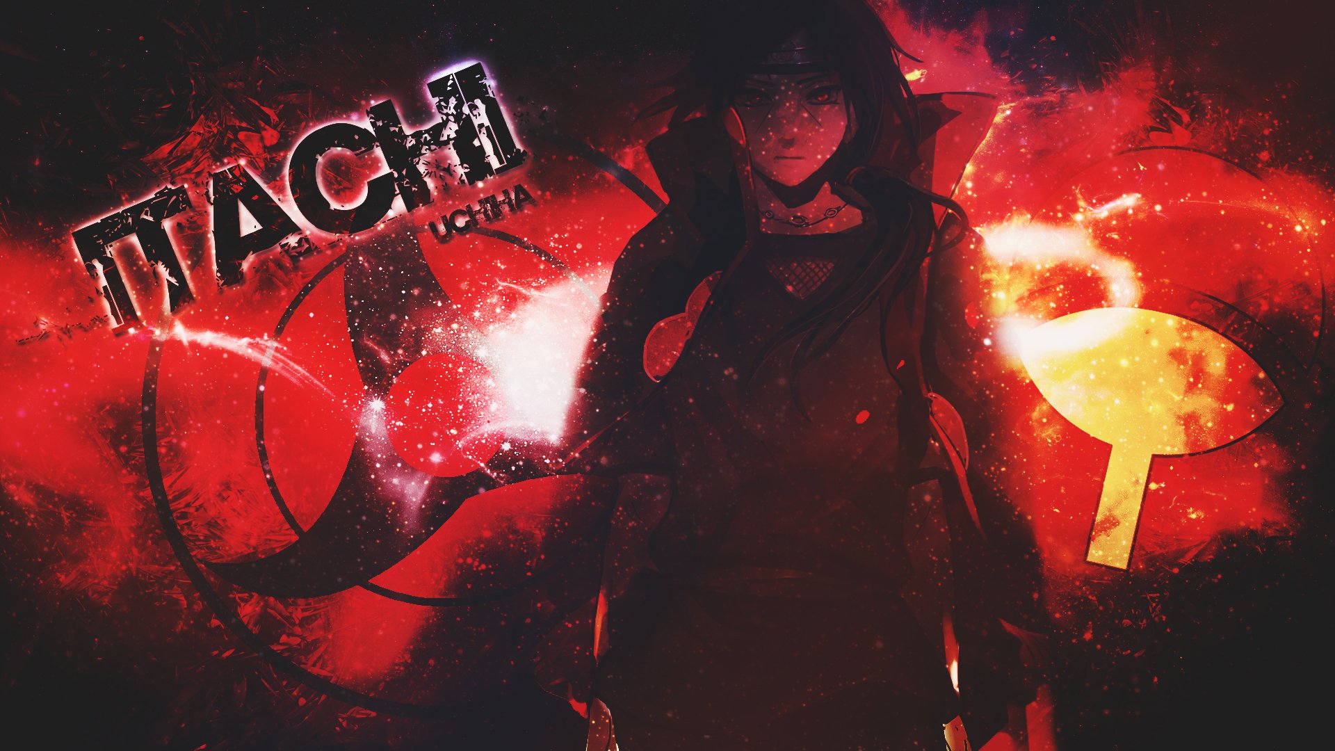 HD wallpaper featuring Itachi Uchiha from the anime Naruto, set against a dynamic red and black background with striking visual effects.