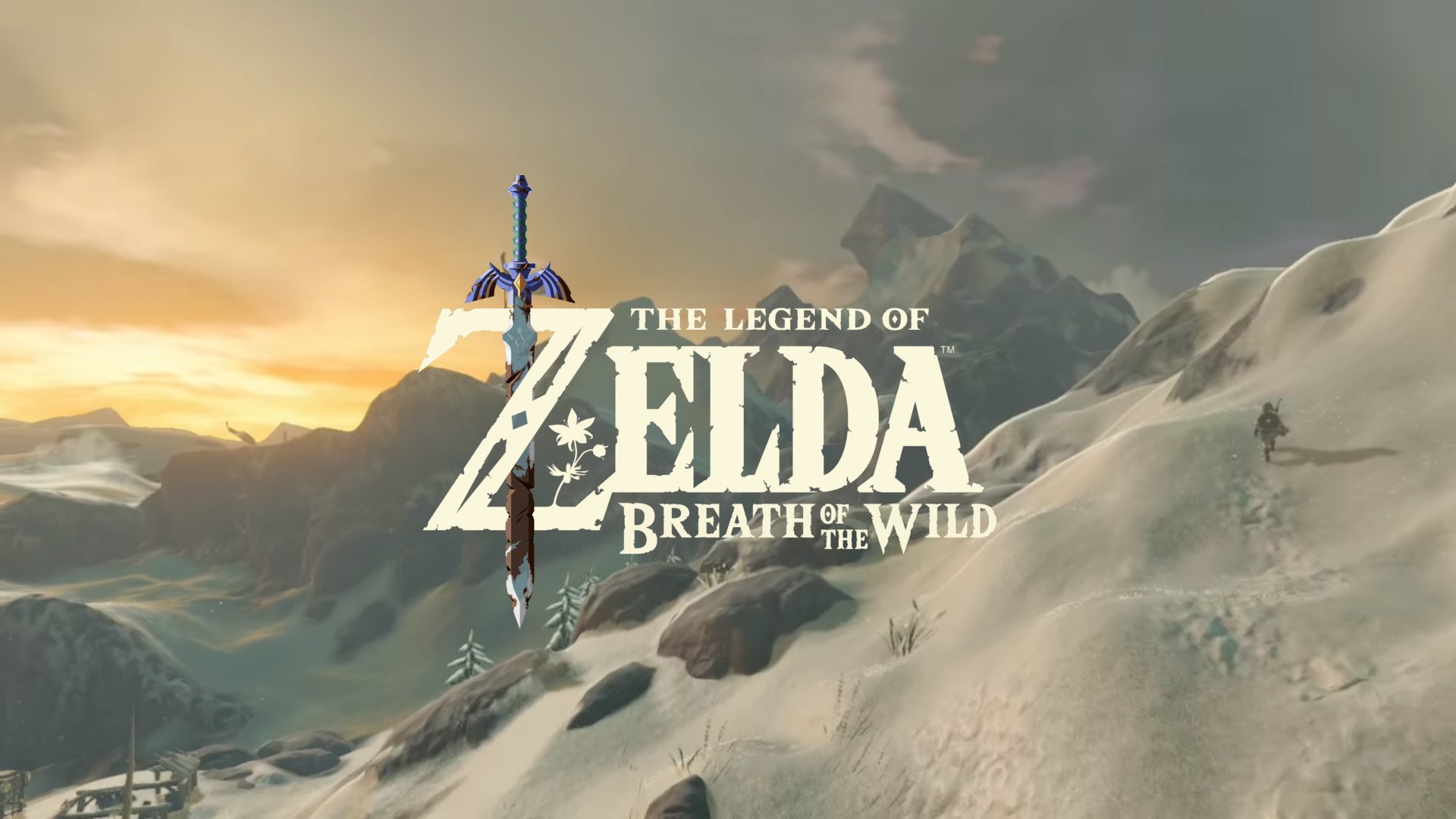 HD desktop wallpaper featuring a scenic view from Nintendo's *The Legend of Zelda: Breath of the Wild*, showcasing majestic mountains and a iconic sword under a stunning sunset.