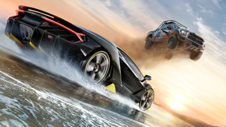 HD desktop wallpaper featuring a Lamborghini Centenario and a Ford Raptor in an action-packed scene from the video game Forza Horizon 3, with a dramatic sunset in the background.