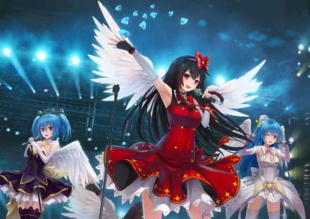 HD anime desktop wallpaper featuring Quincy, Prinz Eugen, and Aoba from Warship Girls, showcasing vibrant characters and dynamic stage lighting.