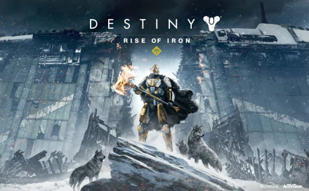HD desktop wallpaper featuring a dramatic scene from Destiny: Rise of Iron, showcasing a guardian wielding a flaming weapon alongside wolves in a snowy landscape.
