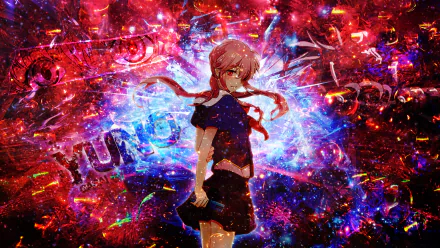Vibrant HD wallpaper featuring Yuno Gasai from the anime Mirai Nikki, set against a cosmic backdrop filled with vibrant colors and striking effects.