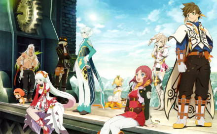 A vibrant HD desktop wallpaper featuring Zaveid, Rose, Mikleo, Lailah, Edna, Dezel, Sorey, and Alisha Diphda from Tales of Zestiria the X anime. The characters stand confidently against an open sky backdrop.