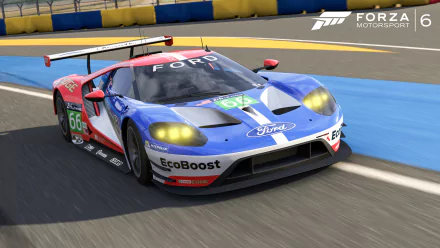 HD PC desktop wallpaper of a blue, white and red Ford GT race car (#66) speeding on a track in the video game Forza Motorsport 6, Forza logo visible in the top corner.