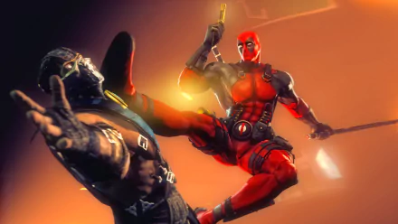 HD PC wallpaper: Deadpool lands a mid-air kick on Scorpion in a fiery Mortal Kombat crossover video game scene.