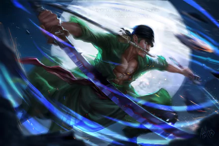 HD desktop wallpaper and background featuring Roronoa Zoro from the anime One Piece, depicted in dynamic action with swords against a moonlit sky.