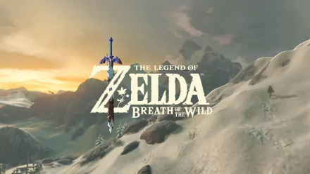 HD desktop wallpaper featuring a scenic view from Nintendo's *The Legend of Zelda: Breath of the Wild*, showcasing majestic mountains and a iconic sword under a stunning sunset.