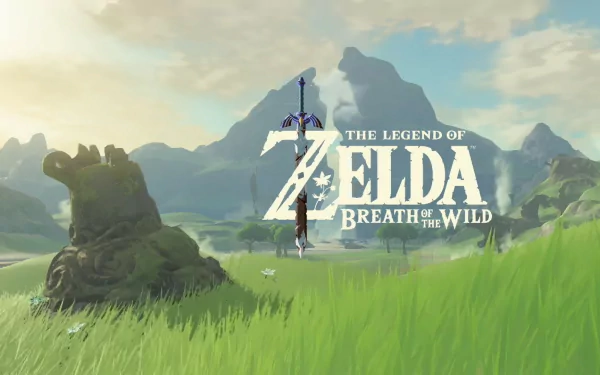 HD desktop wallpaper featuring the cover art of the video game The Legend of Zelda: Breath of the Wild, showcasing a vast landscape with a statue in the foreground and mountains in the background.