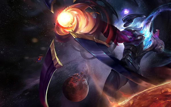 A captivating HD wallpaper featuring Varus from League of Legends, showcasing his cosmic powers against a backdrop of vibrant planets and swirling galaxies.