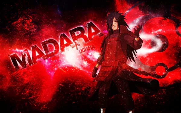 HD desktop wallpaper of Madara Uchiha from the anime Naruto, featuring a dynamic red and black background with the name Madara prominently displayed.