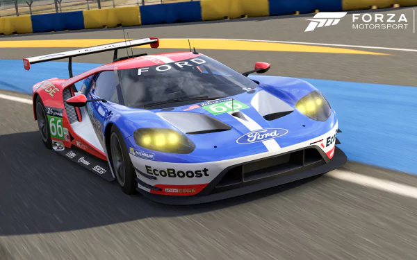 HD PC desktop wallpaper of a blue, white and red Ford GT race car (#66) speeding on a track in the video game Forza Motorsport 6, Forza logo visible in the top corner.