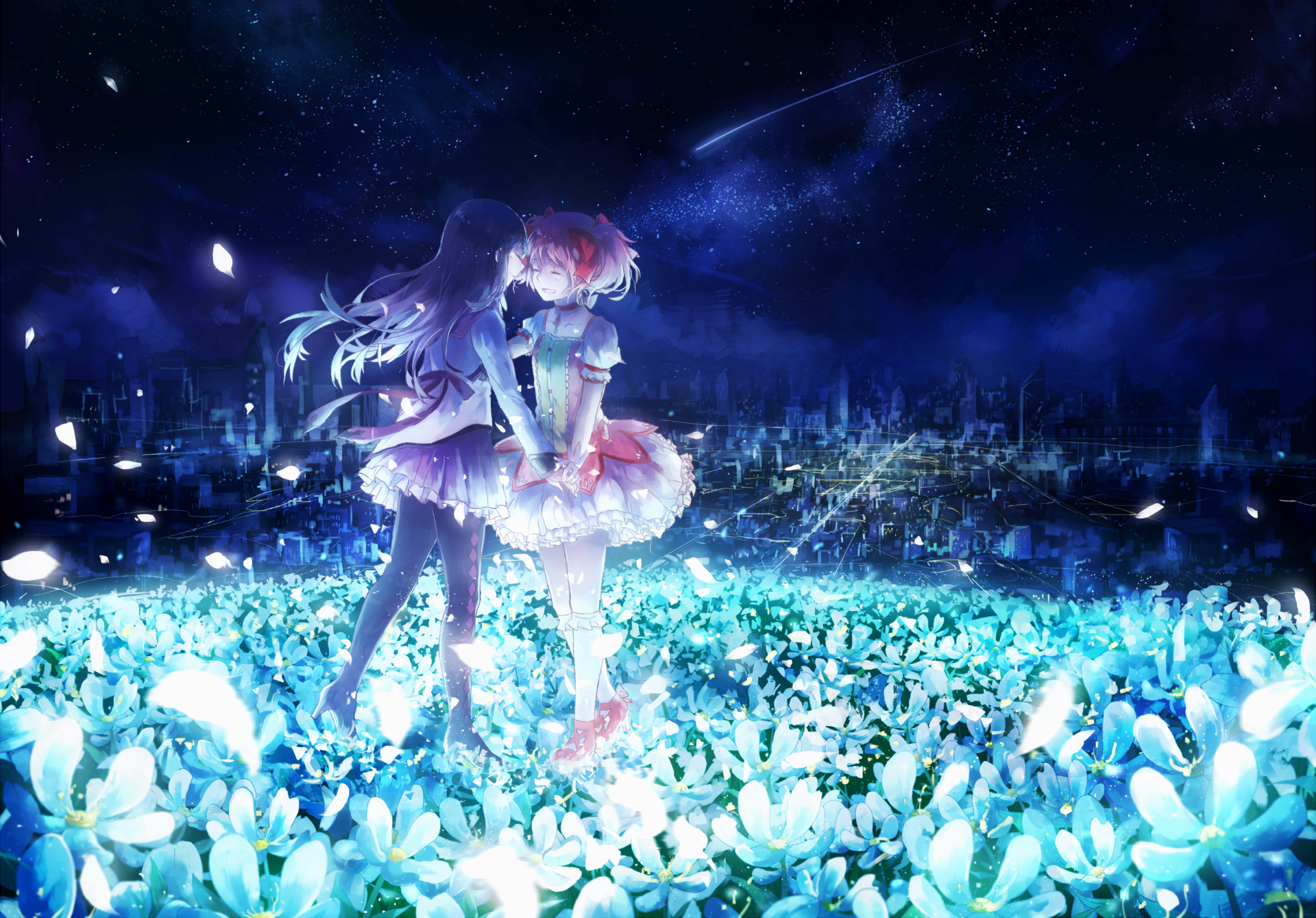 A stunning HD wallpaper featuring Madoka Kaname and Homura Akemi from Puella Magi Madoka Magica, set against a starry night and a field of glowing flowers.