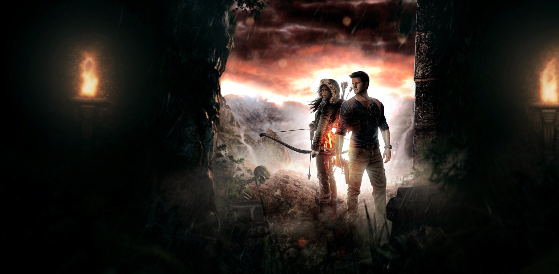 4K Ultra HD desktop wallpaper featuring a crossover of Uncharted and Tomb Raider, showcasing Lara Croft and a male adventurer standing in a dark, mysterious cave.