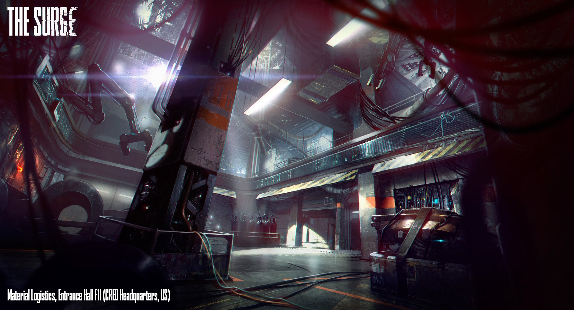 HD PC desktop wallpaper from the video game The Surge — a dim, industrial sci‑fi interior with hanging cables, catwalks, and glowing consoles in a dystopian facility.