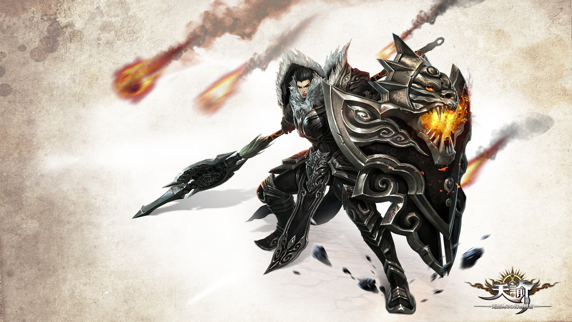 HD PC desktop wallpaper and background for the video game Revelation Online: black-armored warrior charges with a flaming ornate shield and spear as meteors streak across a pale sky.