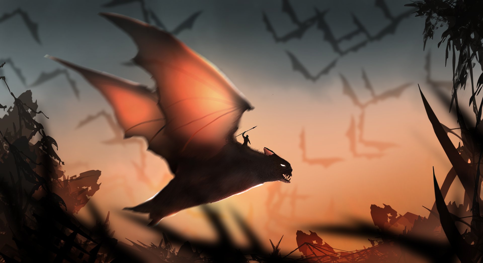 5K Ultra HD PC desktop wallpaper: a fantasy bat creature silhouetted against an orange dusk sky, backlit wings with distant flitting bats and jagged foreground silhouettes.