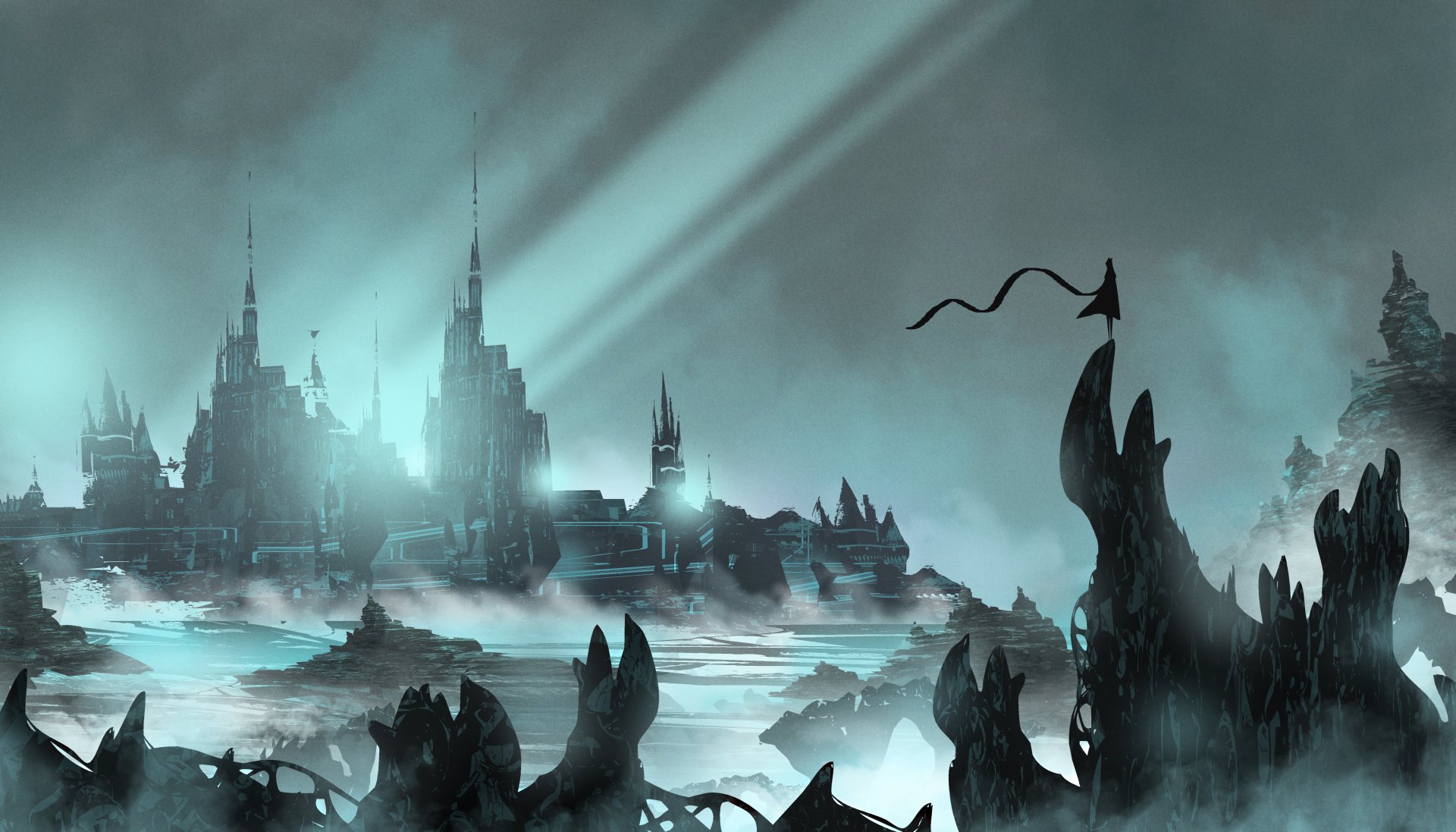 A dark, atmospheric landscape featuring a mystical city shrouded in fog and illuminated by beams of light, evoking a sense of adventure and journey in a video game world.