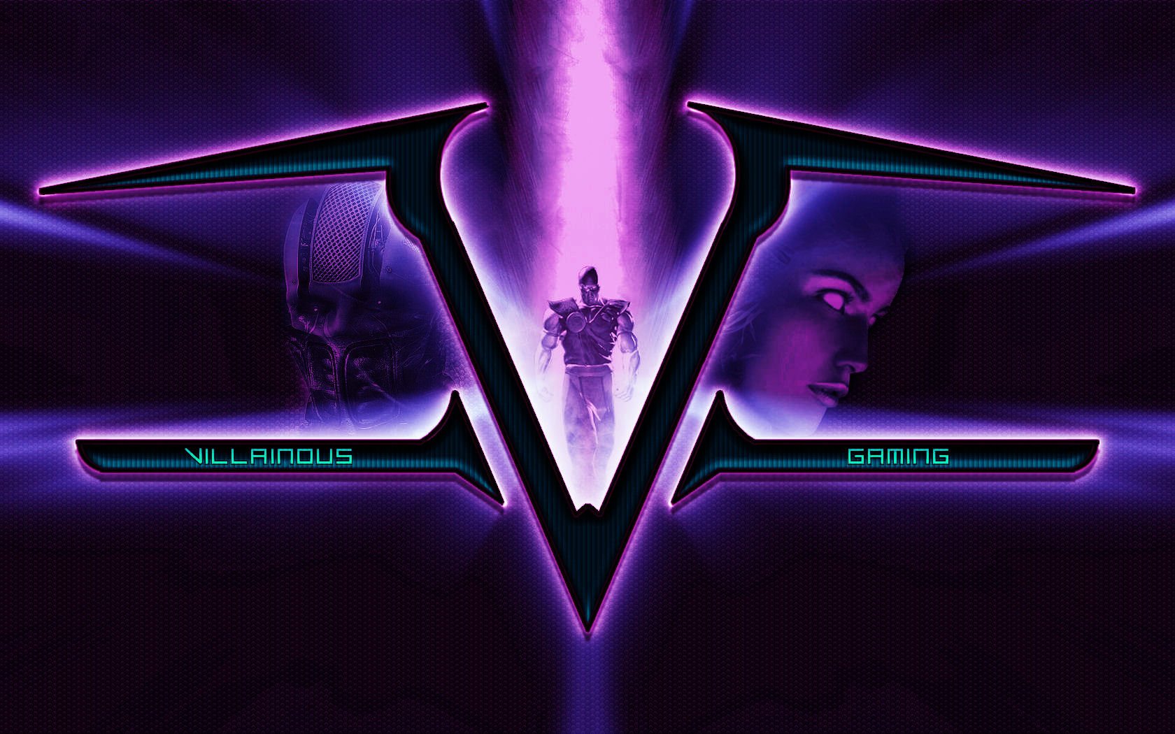 HD PC desktop wallpaper featuring a glowing purple V emblem with futuristic characters, designed as a video game background.