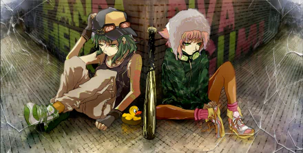 Anime-style HD desktop wallpaper featuring Vocaloid characters Rin Kagamine and GUMI with green and pink hair, green eyes, wearing hats, sitting back-to-back in an urban setting.
