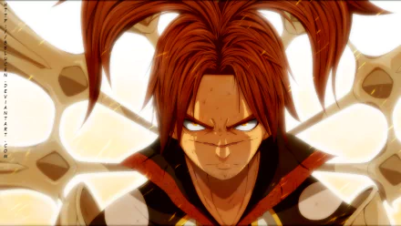 HD PC desktop wallpaper featuring God Serena from the anime Fairy Tail with intense expression and glowing elements in the background.