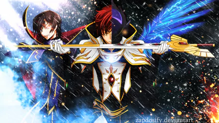 Lelouch Lamperouge from Code Geass stands center in this HD desktop wallpaper, wielding a spear amidst dynamic, colorful effects that enhance his striking presence.