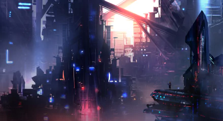 A high-definition background wallpaper depicting a futuristic cityscape with towering skyscrapers and Sci-Fi elements, bathed in ambient lighting.